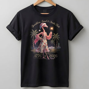Sparklers, Sand & Santa Hats Christmas in July Flamingo Shirt - FlamingoAholic
