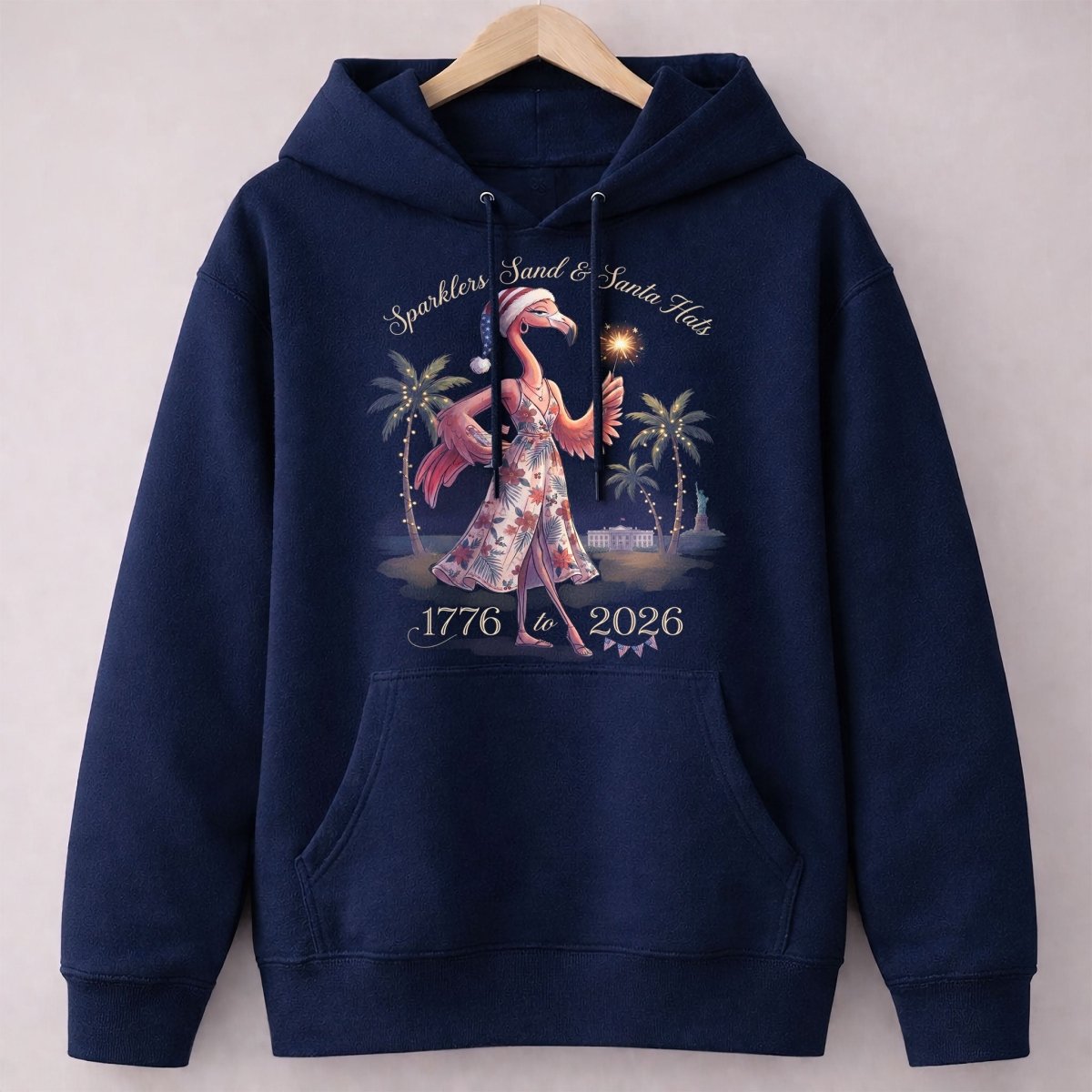 Sparklers, Sand & Santa Hats Christmas in July Flamingo Shirt - FlamingoAholic