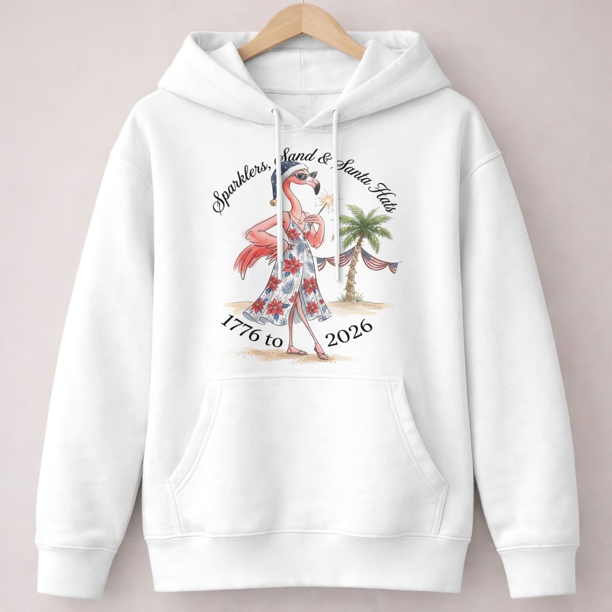 Sparklers, Sand & Santa Hats Christmas in July Flamingo Shirt - FlamingoAholic