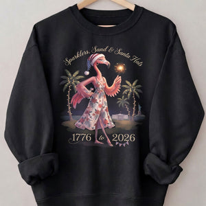 Sparklers, Sand & Santa Hats Christmas in July Flamingo Shirt - FlamingoAholic