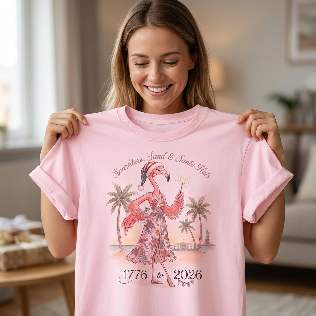 Sparklers, Sand & Santa Hats Christmas in July Flamingo Shirt - FlamingoAholic