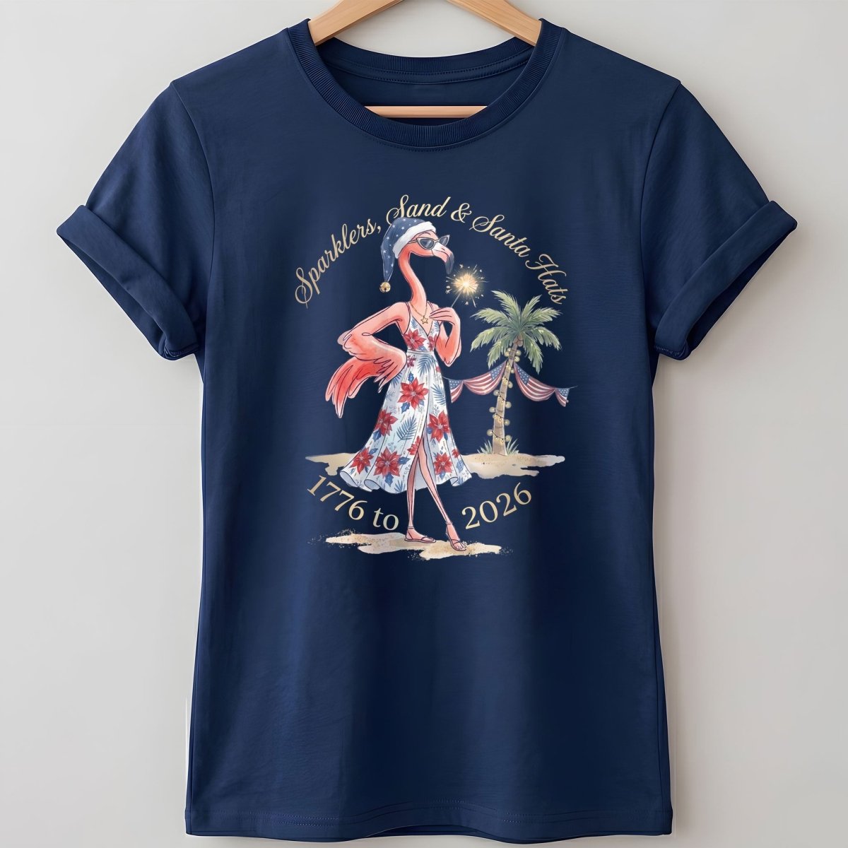 Sparklers, Sand & Santa Hats Christmas in July Flamingo Shirt - FlamingoAholic