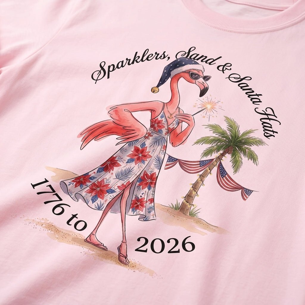 Sparklers, Sand & Santa Hats Christmas in July Flamingo Shirt - FlamingoAholic