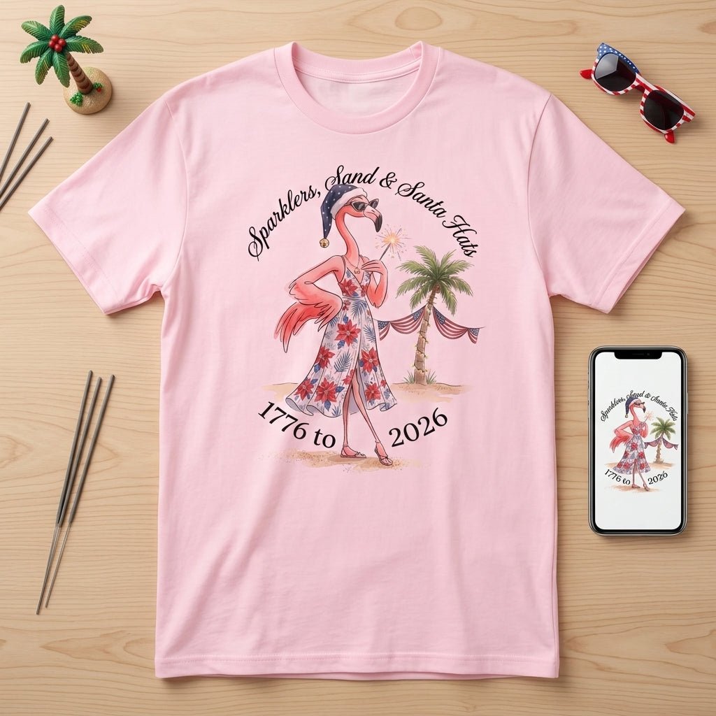 Sparklers, Sand & Santa Hats Christmas in July Flamingo Shirt - FlamingoAholic