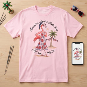 Sparklers, Sand & Santa Hats Christmas in July Flamingo Shirt - FlamingoAholic