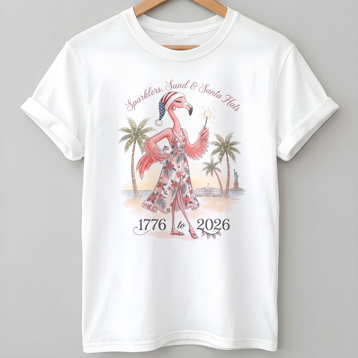 Sparklers, Sand & Santa Hats Christmas in July Flamingo Shirt - FlamingoAholic