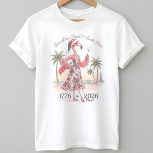 Sparklers, Sand & Santa Hats Christmas in July Flamingo Shirt - FlamingoAholic