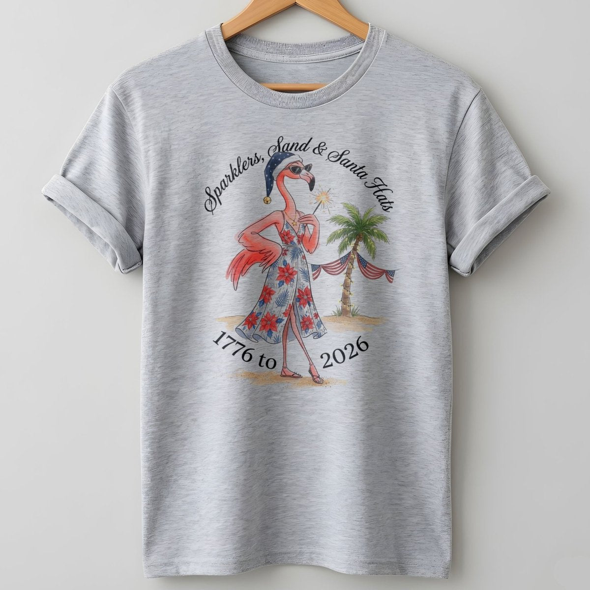Sparklers, Sand & Santa Hats Christmas in July Flamingo Shirt - FlamingoAholic