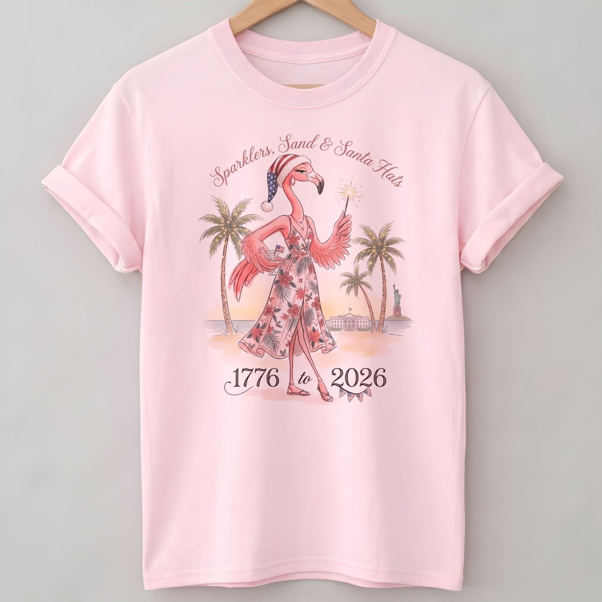 Sparklers, Sand & Santa Hats Christmas in July Flamingo Shirt - FlamingoAholic
