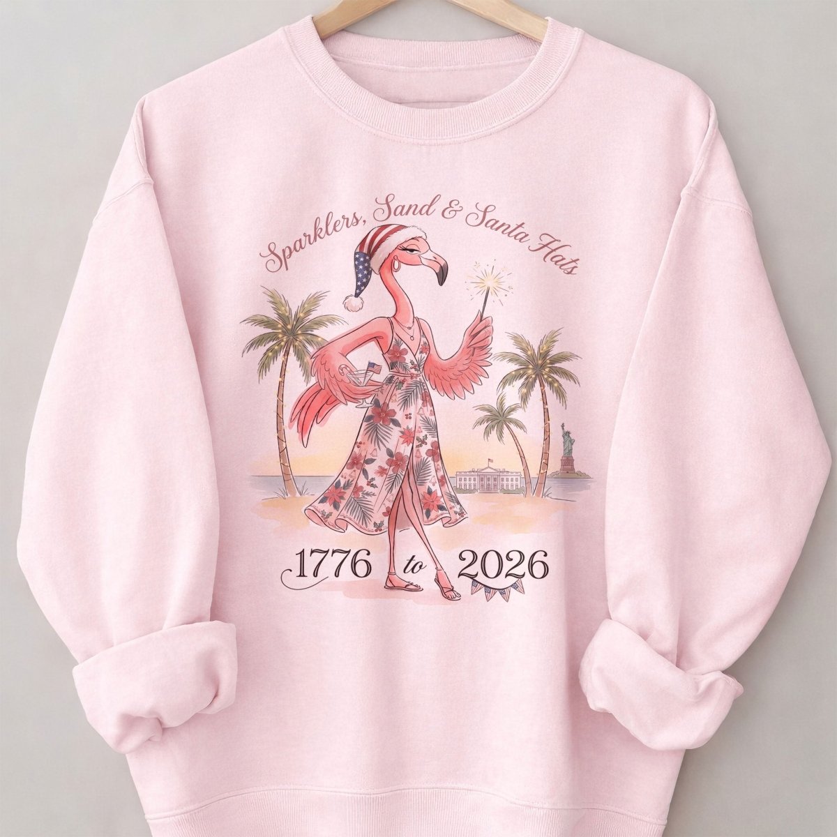 Sparklers, Sand & Santa Hats Christmas in July Flamingo Shirt - FlamingoAholic