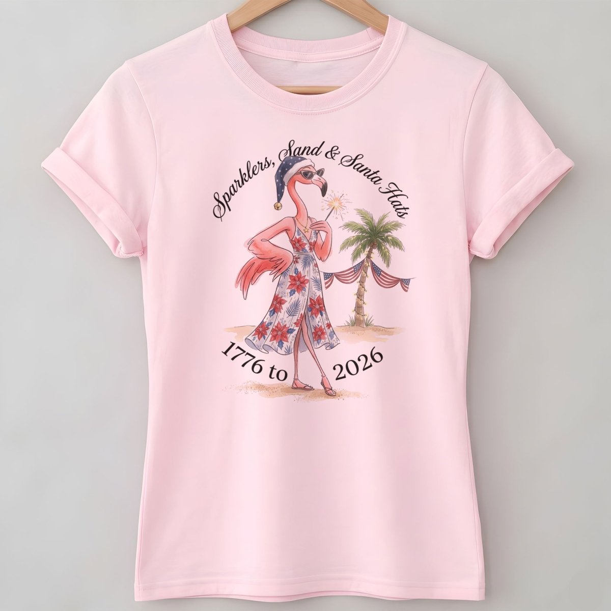 Sparklers, Sand & Santa Hats Christmas in July Flamingo Shirt - FlamingoAholic