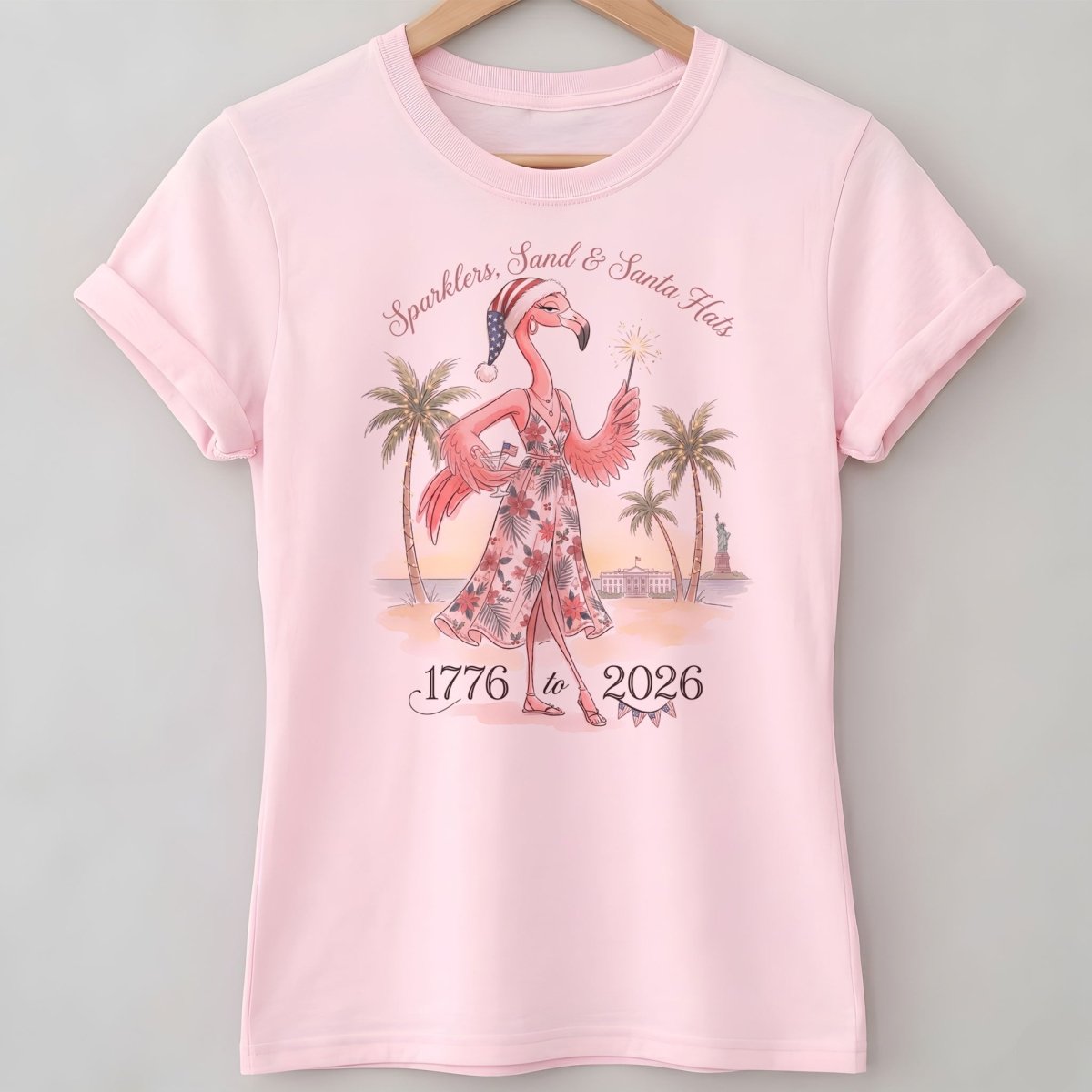 Sparklers, Sand & Santa Hats Christmas in July Flamingo Shirt - FlamingoAholic
