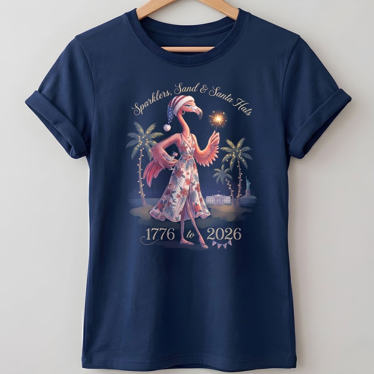 Sparklers, Sand & Santa Hats Christmas in July Flamingo Shirt - FlamingoAholic