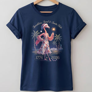 Sparklers, Sand & Santa Hats Christmas in July Flamingo Shirt - FlamingoAholic