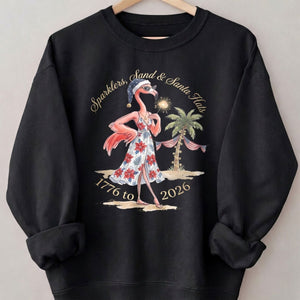 Sparklers, Sand & Santa Hats Christmas in July Flamingo Shirt - FlamingoAholic
