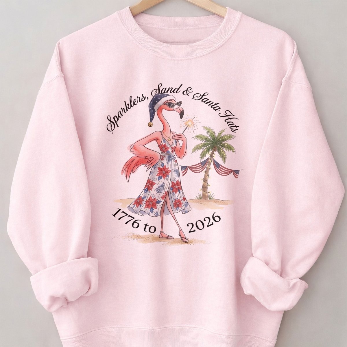 Sparklers, Sand & Santa Hats Christmas in July Flamingo Shirt - FlamingoAholic