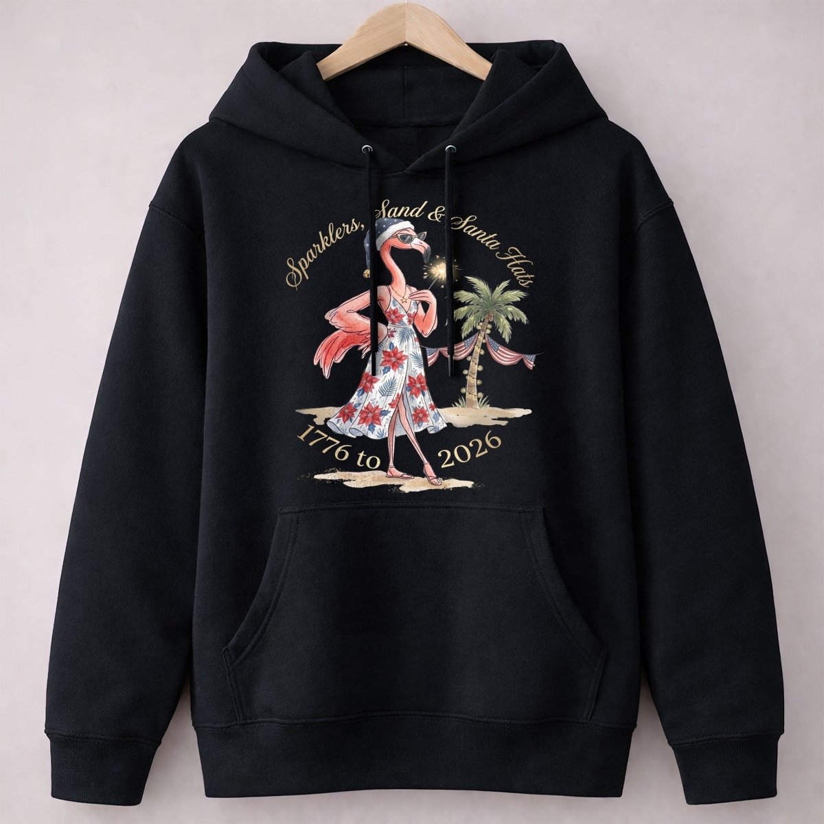 Sparklers, Sand & Santa Hats Christmas in July Flamingo Shirt - FlamingoAholic