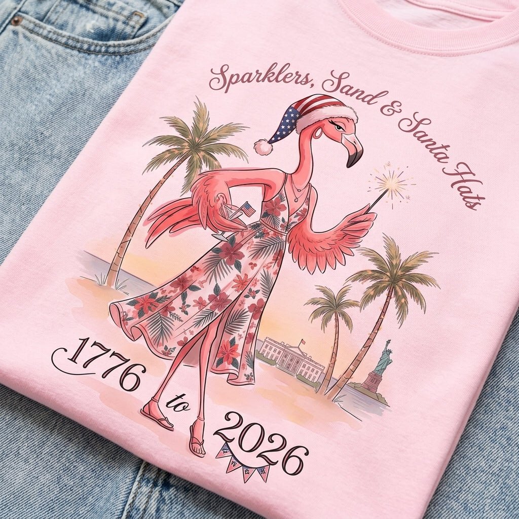 Sparklers, Sand & Santa Hats Christmas in July Flamingo Shirt - FlamingoAholic