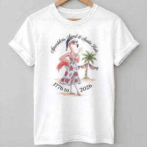 Sparklers, Sand & Santa Hats Christmas in July Flamingo Shirt - FlamingoAholic