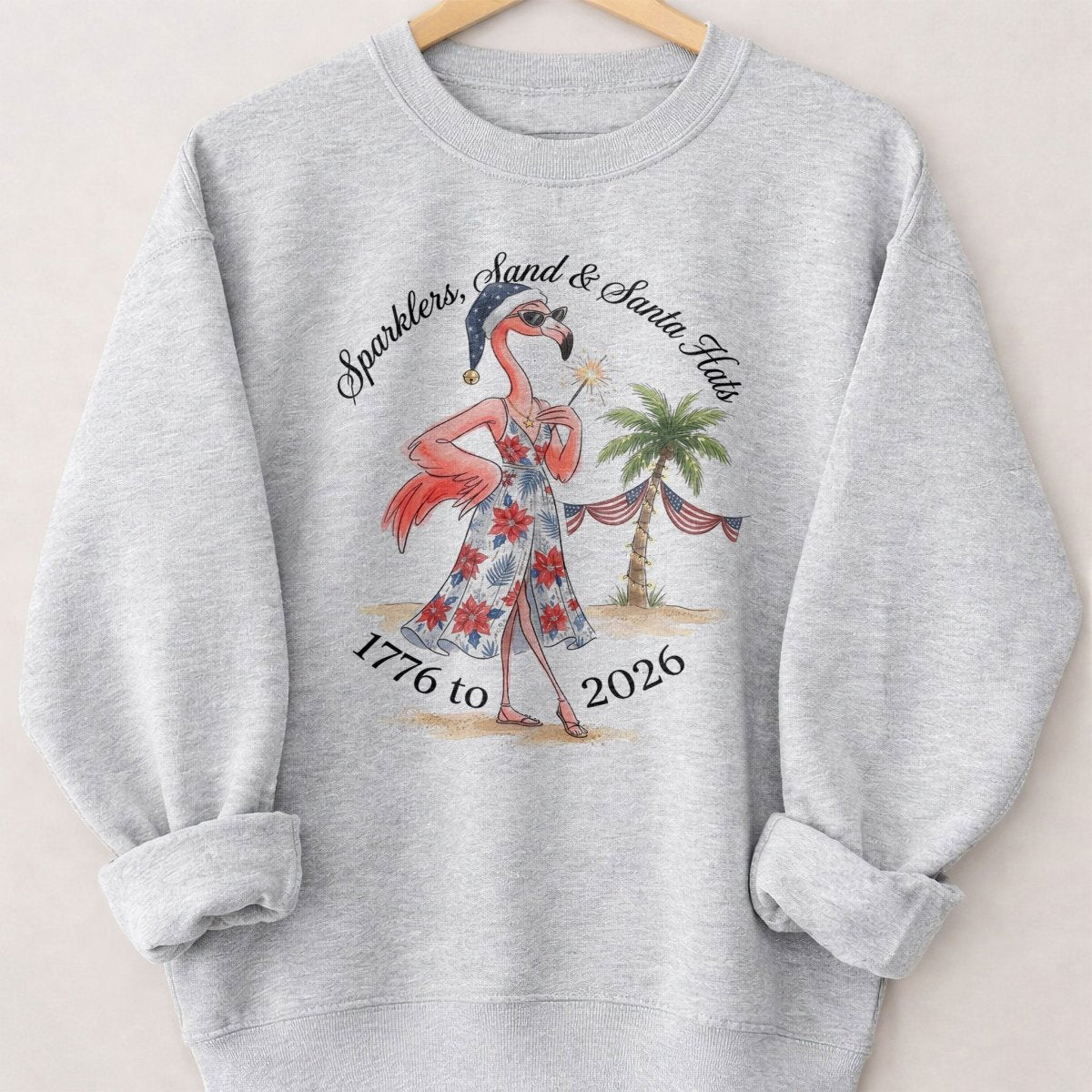 Sparklers, Sand & Santa Hats Christmas in July Flamingo Shirt - FlamingoAholic