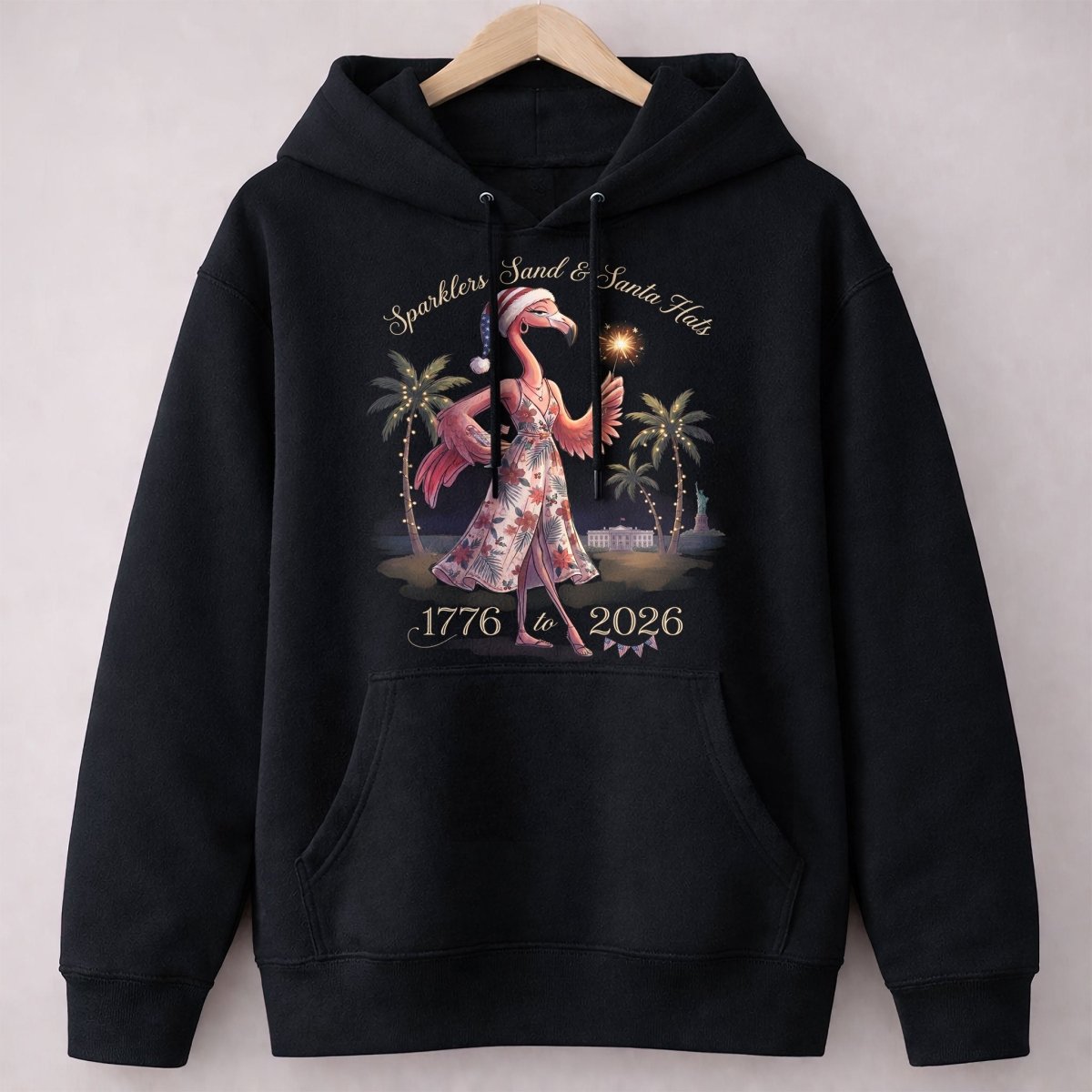 Sparklers, Sand & Santa Hats Christmas in July Flamingo Shirt - FlamingoAholic