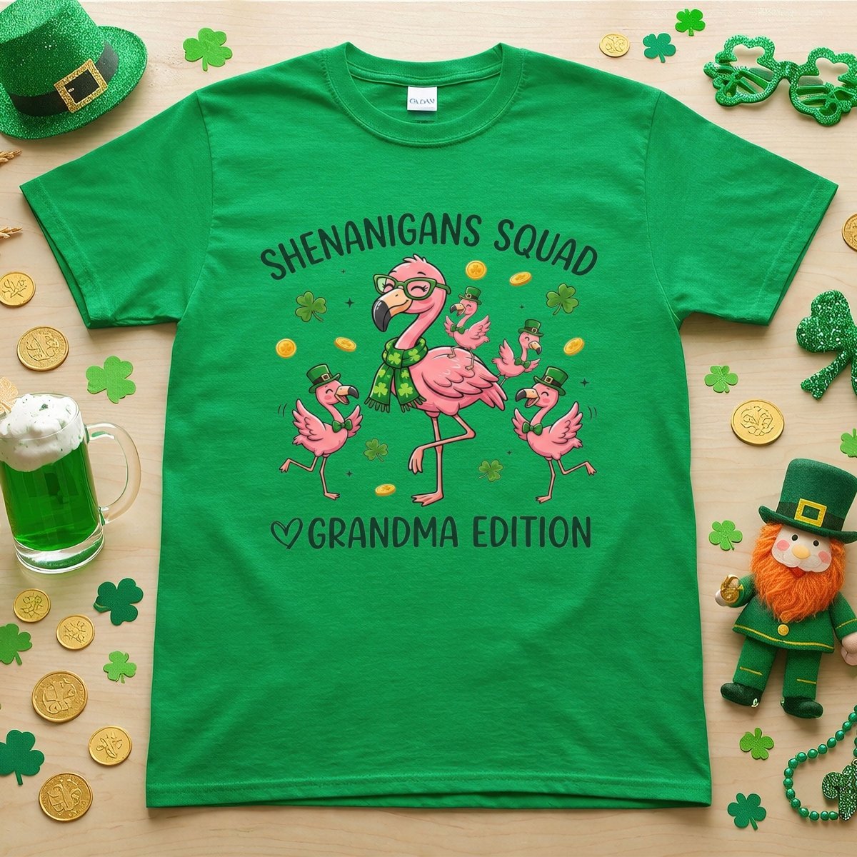 St. Patrick's Day Shenanigans Squad Flamingo Grandma T-Shirt - Lucky Irish Family Matching Gift - FlamingoAholic