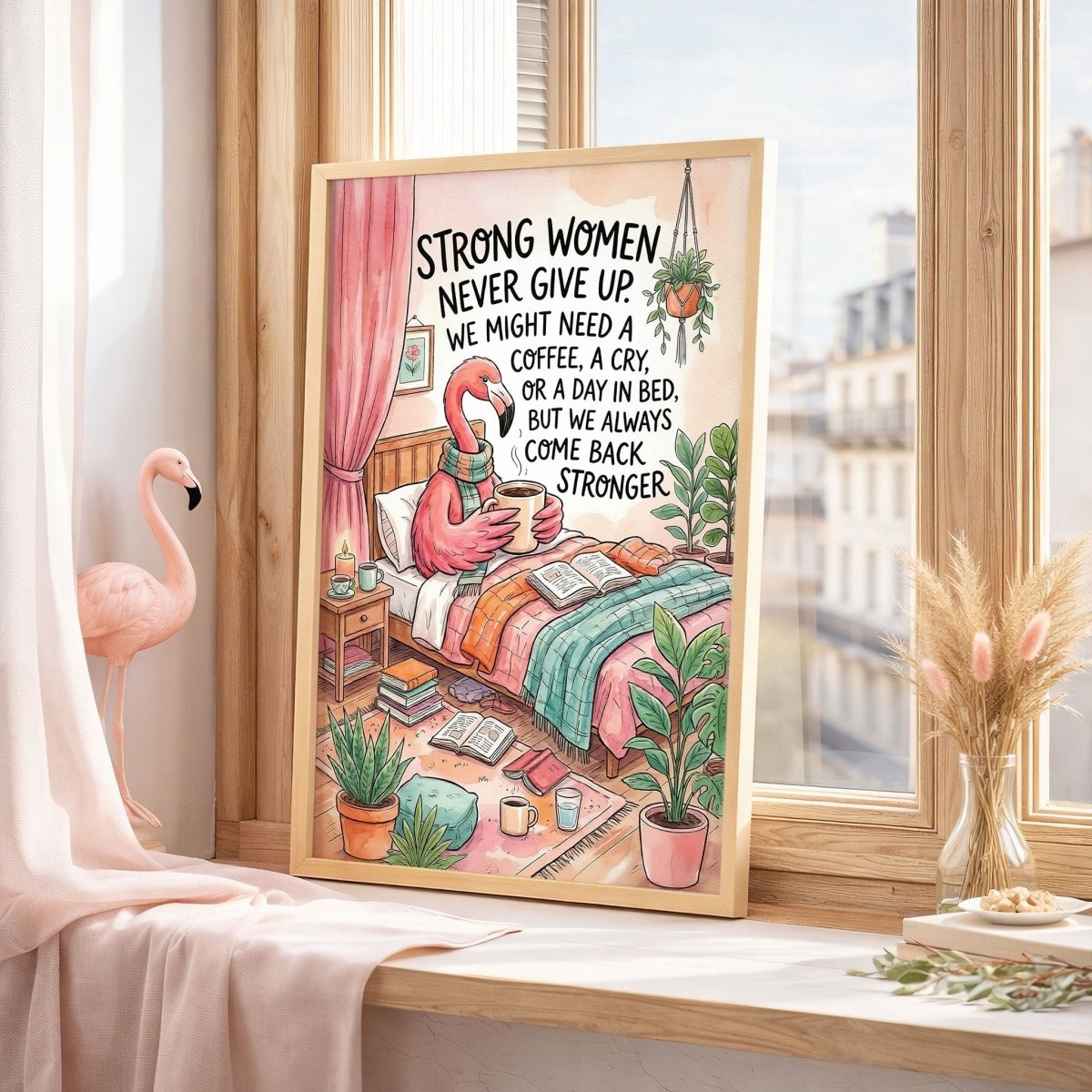 Strong Women Never Give Up – Cozy Flamingo Motivation Poster - FlamingoAholic