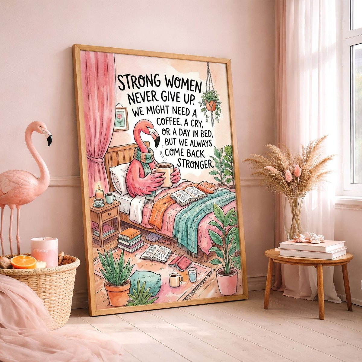 Strong Women Never Give Up – Cozy Flamingo Motivation Poster - FlamingoAholic