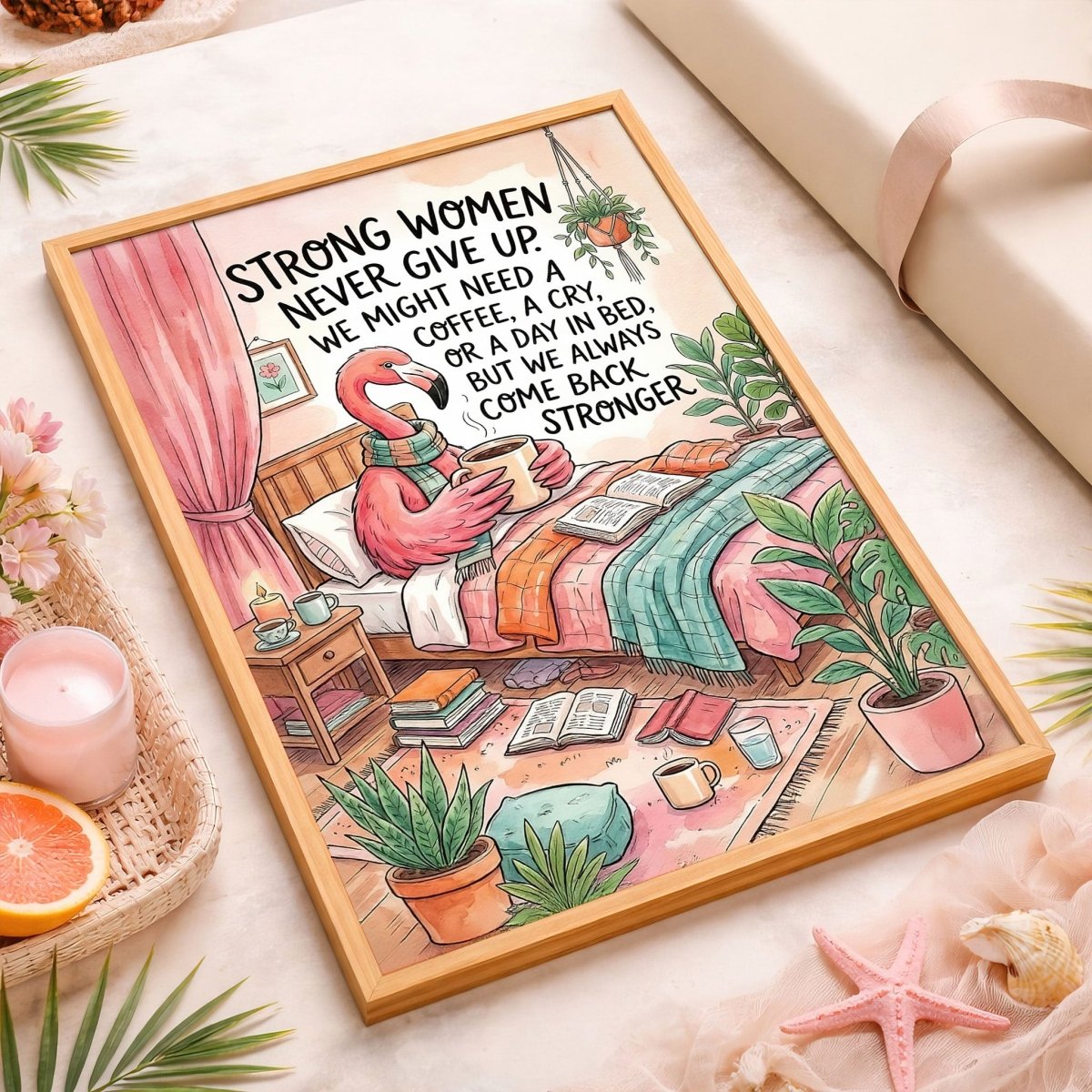 Strong Women Never Give Up – Cozy Flamingo Motivation Poster - FlamingoAholic
