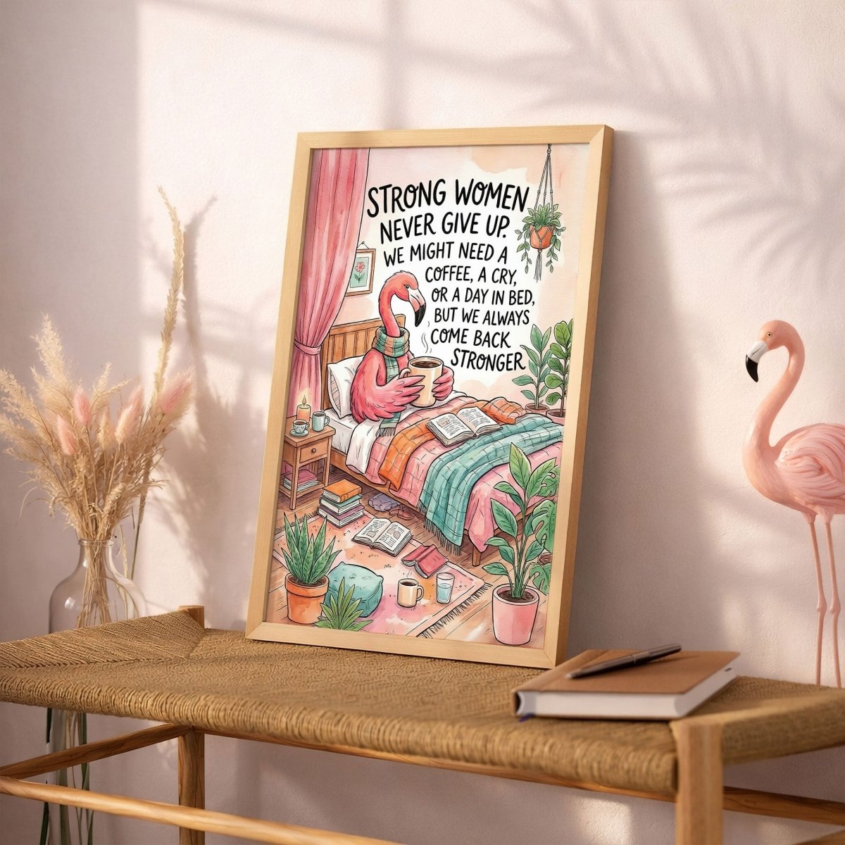 Strong Women Never Give Up – Cozy Flamingo Motivation Poster - FlamingoAholic