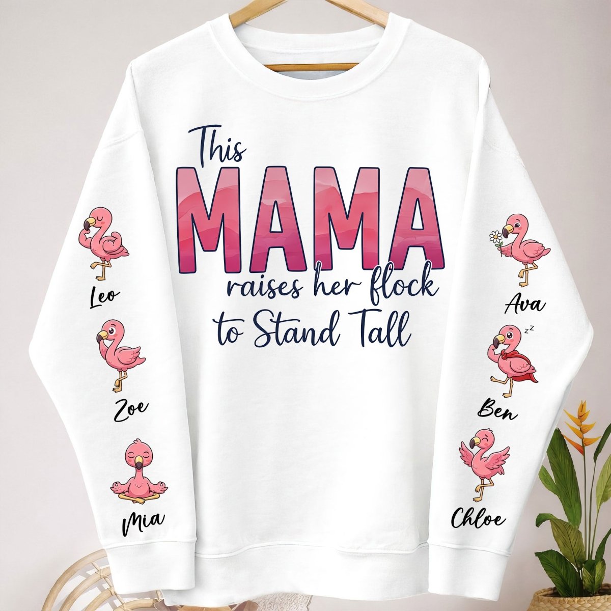 “This Mama Raises Her Flock” Personalized Flamingo Sweatshirt - Custom Shirt with Kids Names on Sleeve - FlamingoAholic