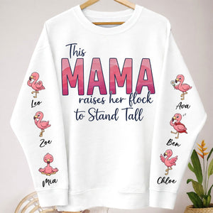 “This Mama Raises Her Flock” Personalized Flamingo Sweatshirt - Custom Shirt with Kids Names on Sleeve - FlamingoAholic
