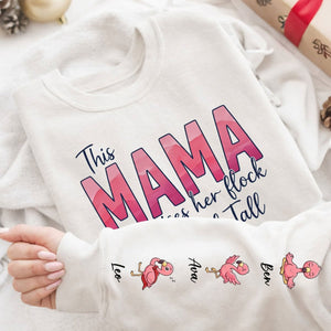 “This Mama Raises Her Flock” Personalized Flamingo Sweatshirt - Custom Shirt with Kids Names on Sleeve - FlamingoAholic