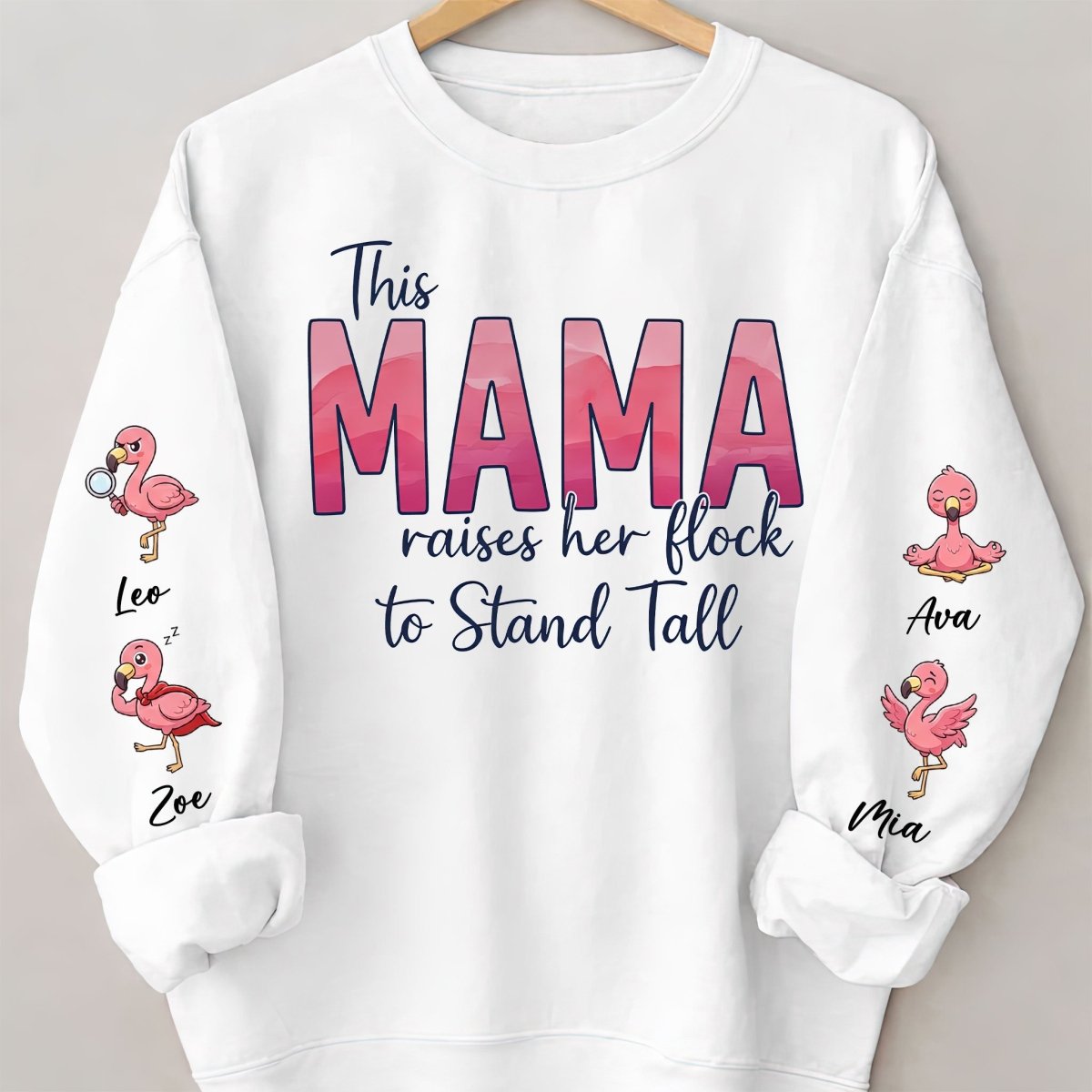 “This Mama Raises Her Flock” Personalized Flamingo Sweatshirt - Custom Shirt with Kids Names on Sleeve - FlamingoAholic