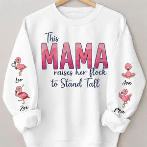 “This Mama Raises Her Flock” Personalized Flamingo Sweatshirt - Custom Shirt with Kids Names on Sleeve - FlamingoAholic
