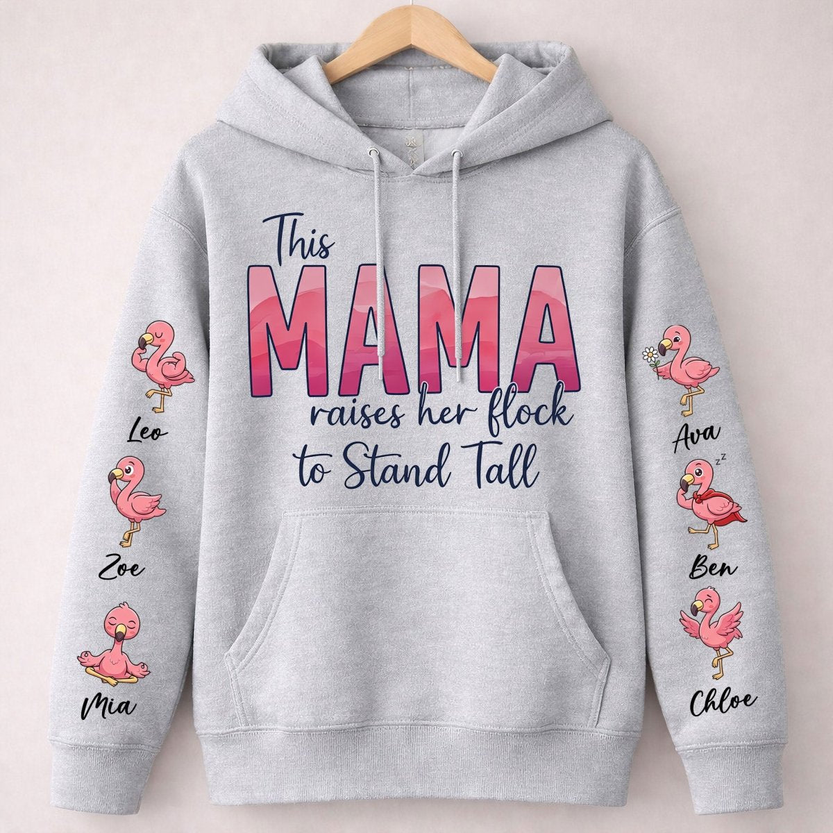 “This Mama Raises Her Flock” Personalized Flamingo Sweatshirt - Custom Shirt with Kids Names on Sleeve - FlamingoAholic