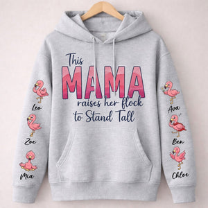 “This Mama Raises Her Flock” Personalized Flamingo Sweatshirt - Custom Shirt with Kids Names on Sleeve - FlamingoAholic