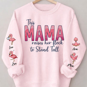 “This Mama Raises Her Flock” Personalized Flamingo Sweatshirt - Custom Shirt with Kids Names on Sleeve - FlamingoAholic