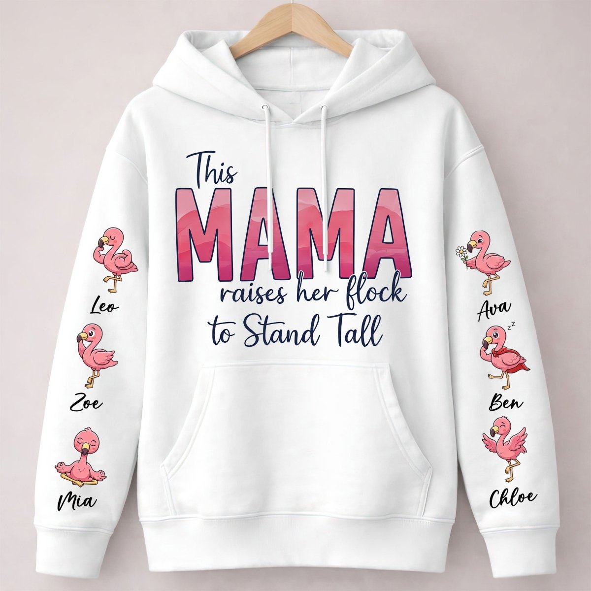 “This Mama Raises Her Flock” Personalized Flamingo Sweatshirt - Custom Shirt with Kids Names on Sleeve - FlamingoAholic