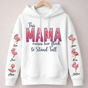 “This Mama Raises Her Flock” Personalized Flamingo Sweatshirt - Custom Shirt with Kids Names on Sleeve - FlamingoAholic