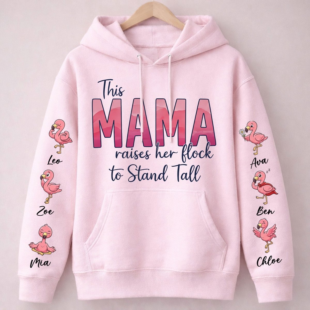 “This Mama Raises Her Flock” Personalized Flamingo Sweatshirt - Custom Shirt with Kids Names on Sleeve - FlamingoAholic