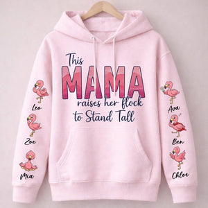 “This Mama Raises Her Flock” Personalized Flamingo Sweatshirt - Custom Shirt with Kids Names on Sleeve - FlamingoAholic