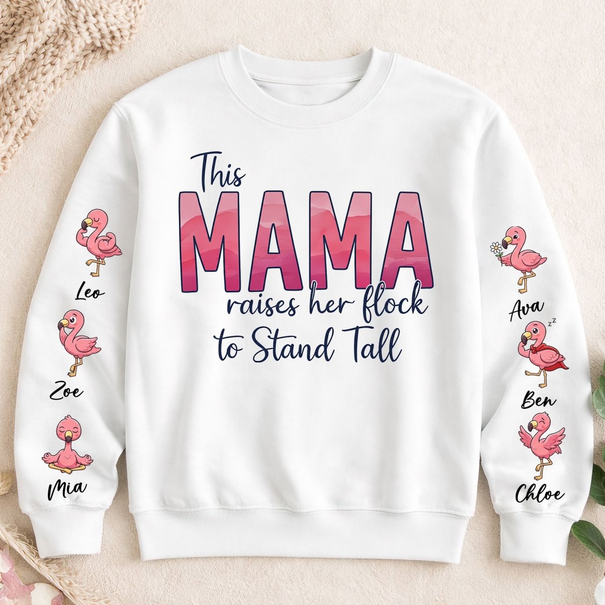 “This Mama Raises Her Flock” Personalized Flamingo Sweatshirt - Custom Shirt with Kids Names on Sleeve - FlamingoAholic
