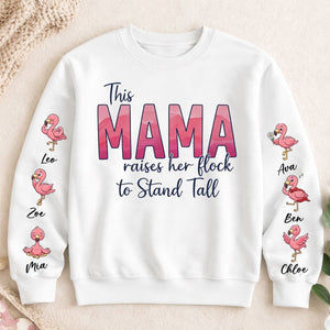 “This Mama Raises Her Flock” Personalized Flamingo Sweatshirt - Custom Shirt with Kids Names on Sleeve - FlamingoAholic