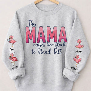 “This Mama Raises Her Flock” Personalized Flamingo Sweatshirt - Custom Shirt with Kids Names on Sleeve - FlamingoAholic