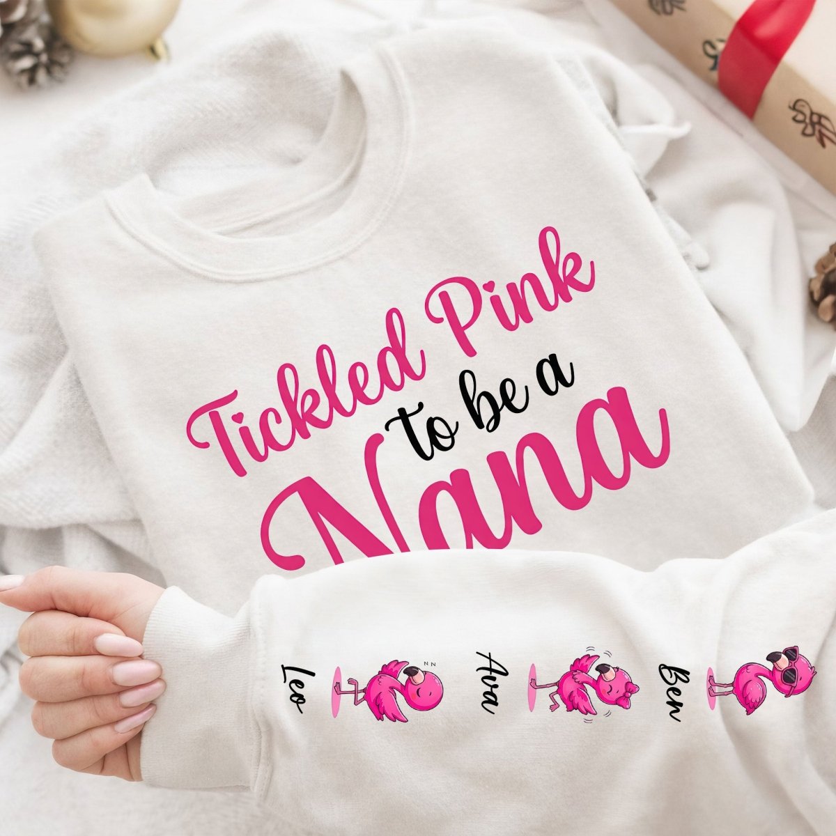 Tickled Pink To Be A Nana Flamingo Shirt - Personalized Grandkids Name Gift Sweatshirt - FlamingoAholic