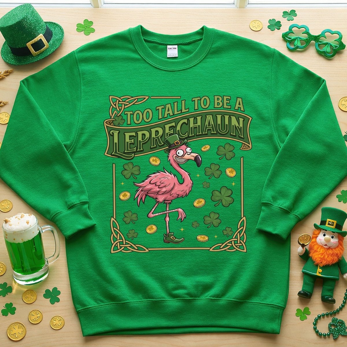 Too Tall To Be A Leprechaun Flamingo St. Patrick's Day Tee - Funny Irish Holiday Party Shirt - FlamingoAholic