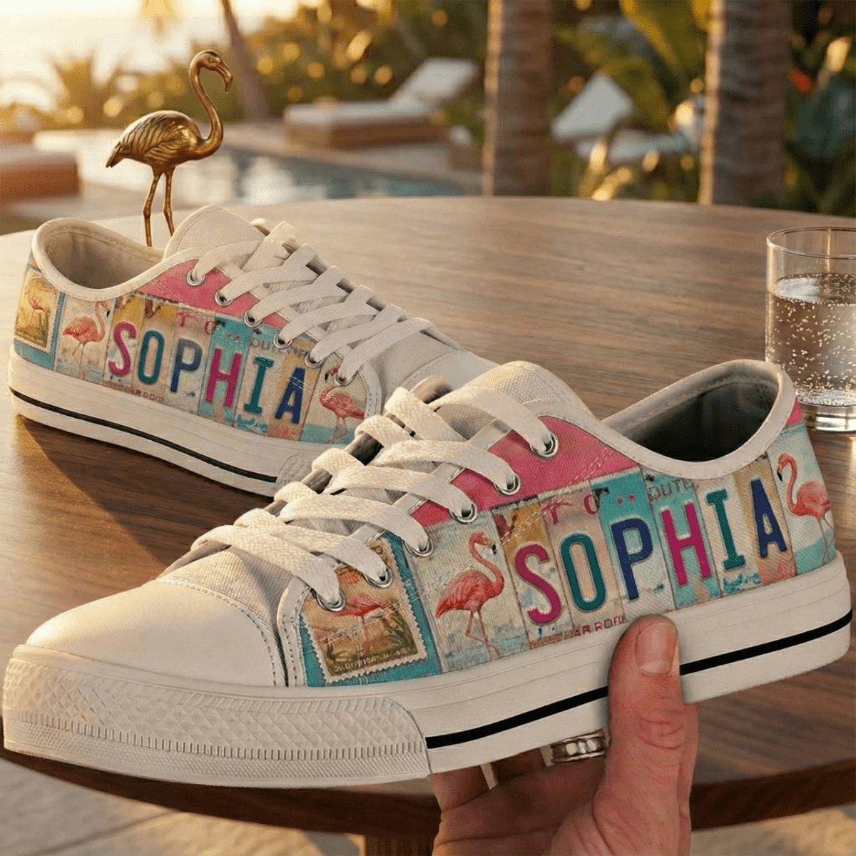 Tropical License Plate Personalized Low Top Shoes - Custom Name Flamingo Sneakers - FlamingoAholic