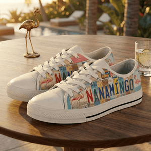 Tropical License Plate Personalized Low Top Shoes - Custom Name Flamingo Sneakers - FlamingoAholic