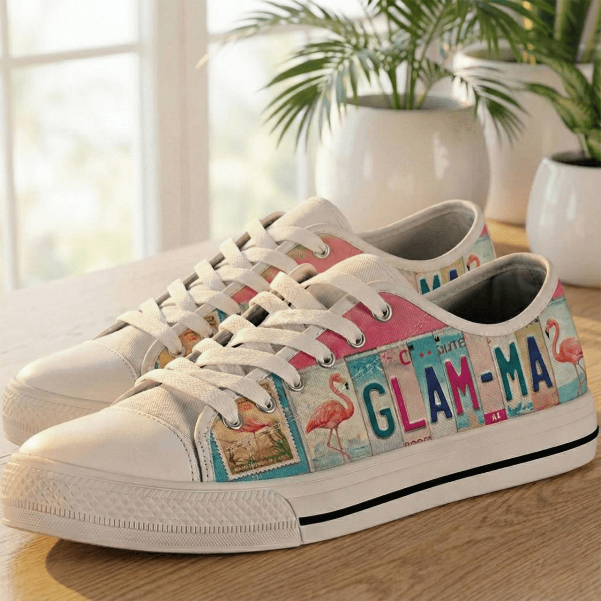 Tropical License Plate Personalized Low Top Shoes - Custom Name Flamingo Sneakers - FlamingoAholic